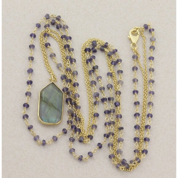 Gold Over Sterling Silver Long Labradorite Layered Necklace 30" - Picture 5 of 9